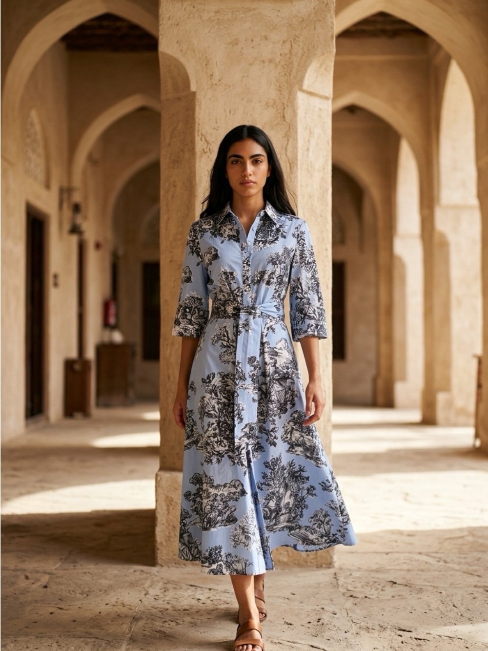 Zara Blue and Black Patterned Midi Dress